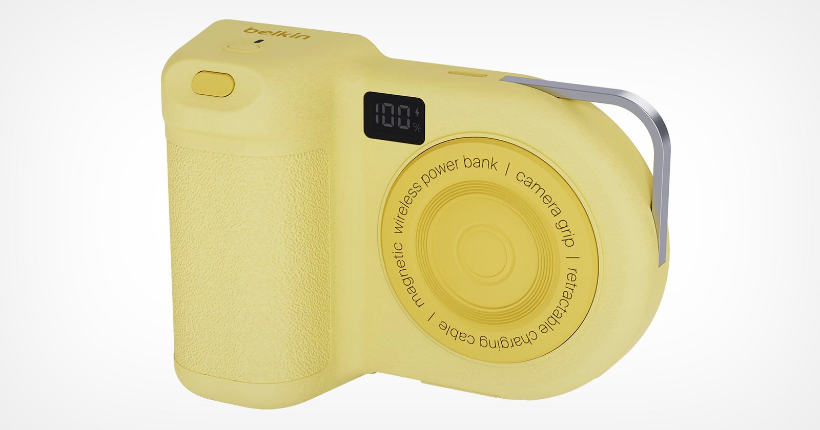 A yellow gadget resembles a compact camera. It features a grip, a digital display screen showing 100%, and a retractable charging cable. It is labeled as a wireless power bank and camera grip.