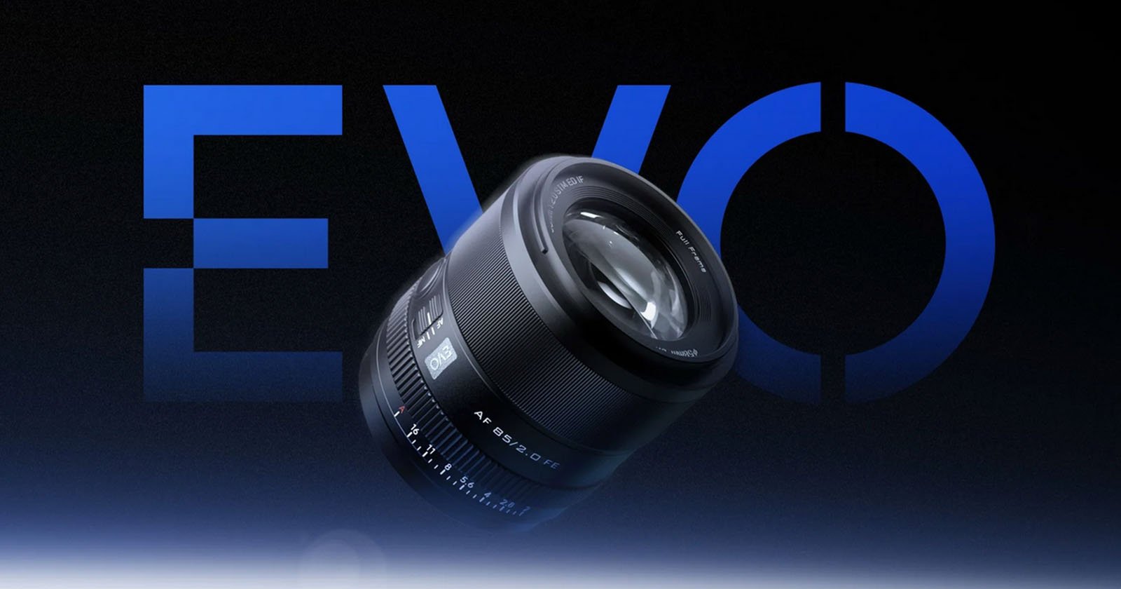 A camera lens is displayed in front of large blue letters spelling EVO on a dark background, with a gradient effect at the bottom.