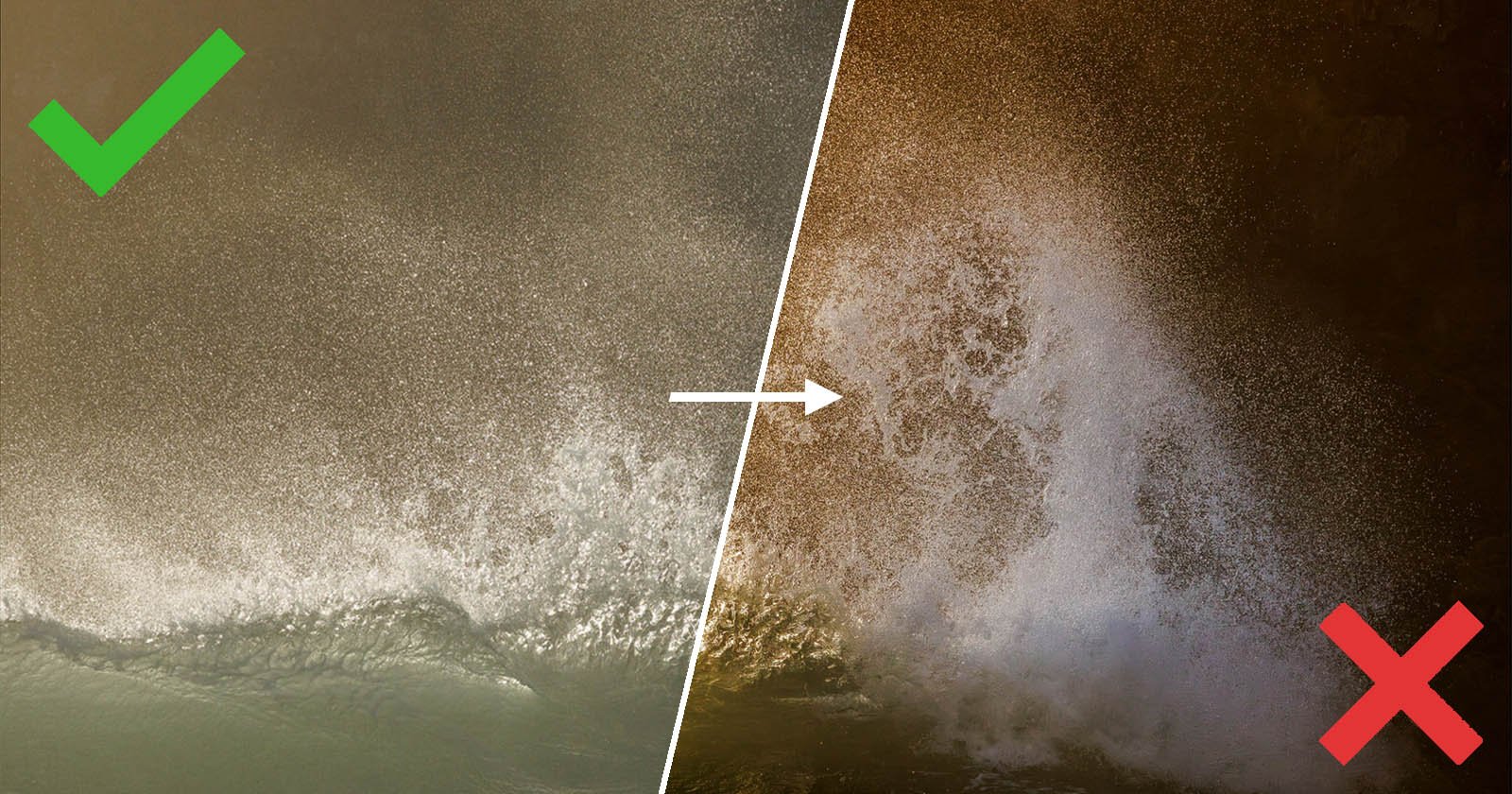 A split image comparing two water scenes. Left: Calmer water with a subtle wave and a green check mark. Right: More turbulent, splashing water with a red X. An arrow points from left to right.