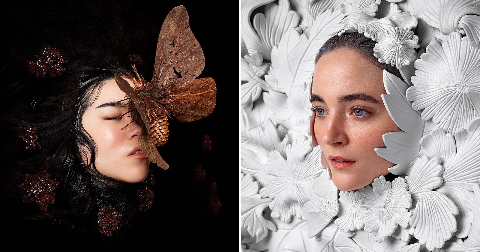 A side-by-side comparison: On the left, a woman with her eyes closed is adorned with intricate, dark natural elements and a large moth covering part of her face. On the right, a woman with a serene expression emerges from a white floral and leaf pattern backdrop.