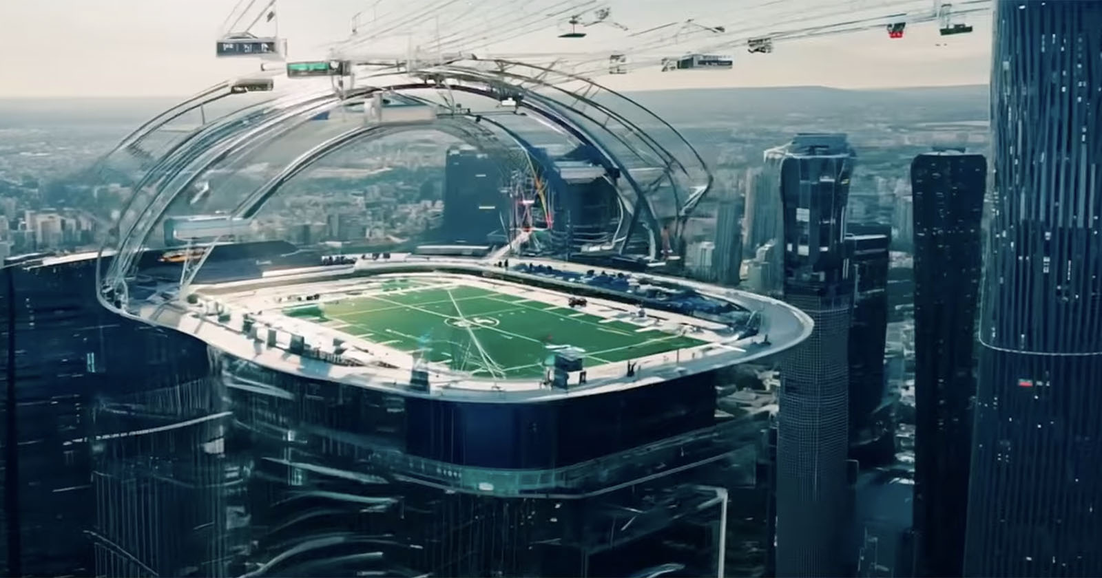 A futuristic stadium is suspended high among city skyscrapers, featuring a green rooftop soccer field with surrounding transparent arches. The skyline in the background includes various tall buildings under a cloudy sky.
