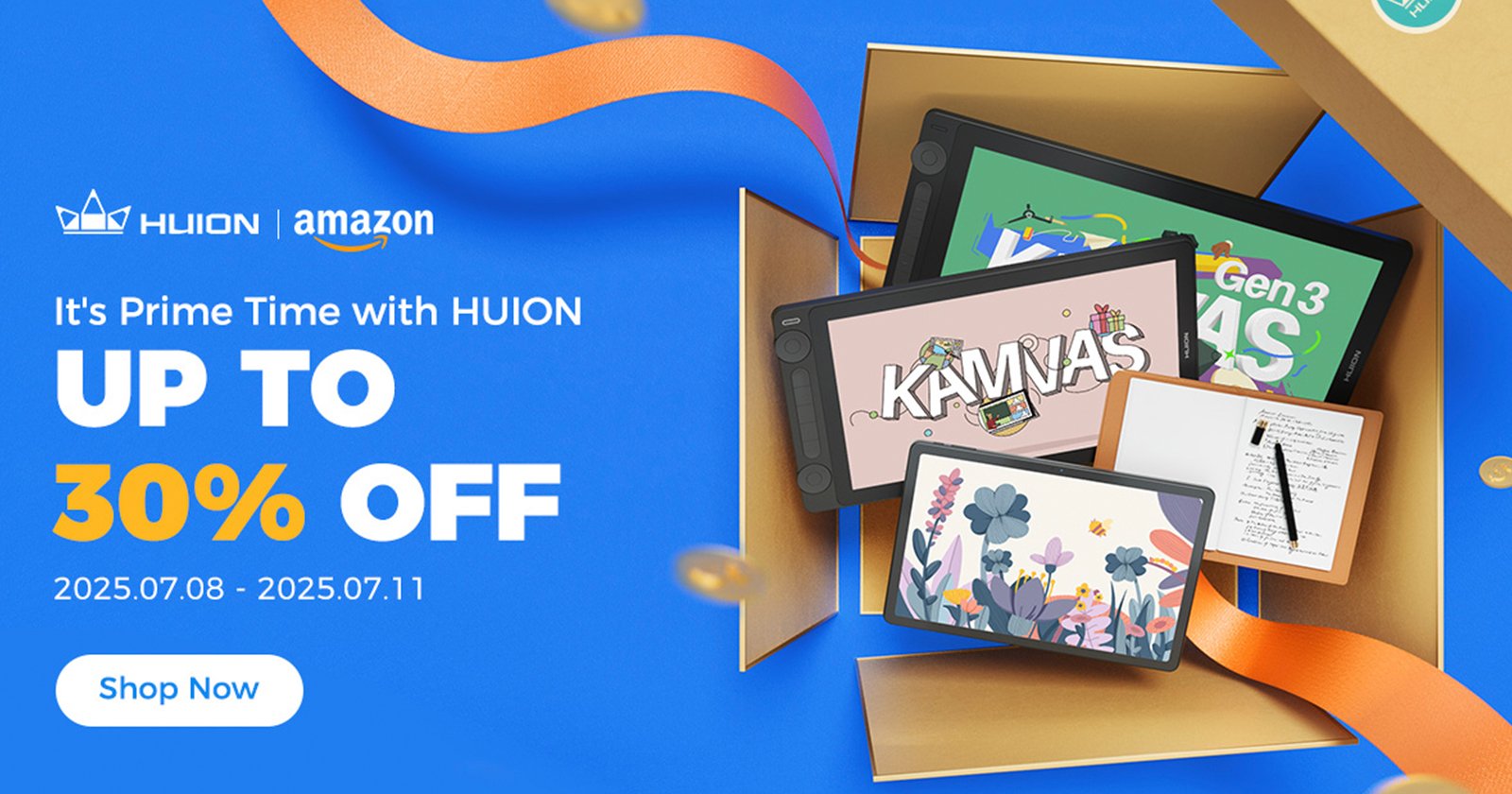 Open cardboard box with three Huion drawing tablets, each displaying colorful digital art. Blue background with UP TO 30% OFF, sale dates, and Huion and Amazon logos. Shop Now button at bottom left.