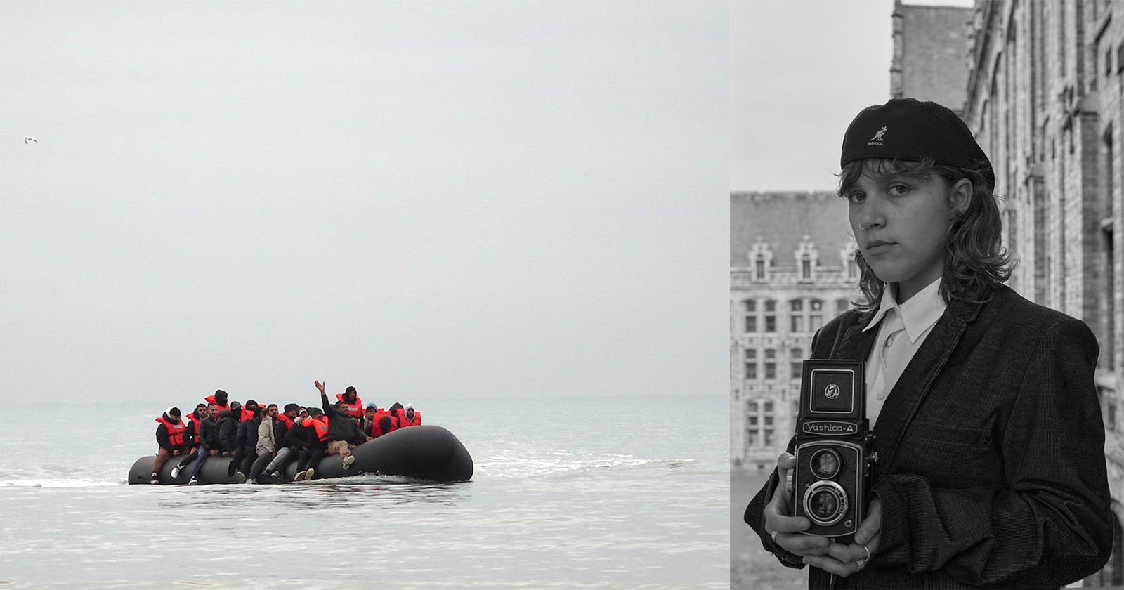 A group of people in life jackets crowd a small inflatable boat on open water; next to them, a black-and-white photo shows a young person in a beret and jacket holding a vintage camera in front of a historic building.
