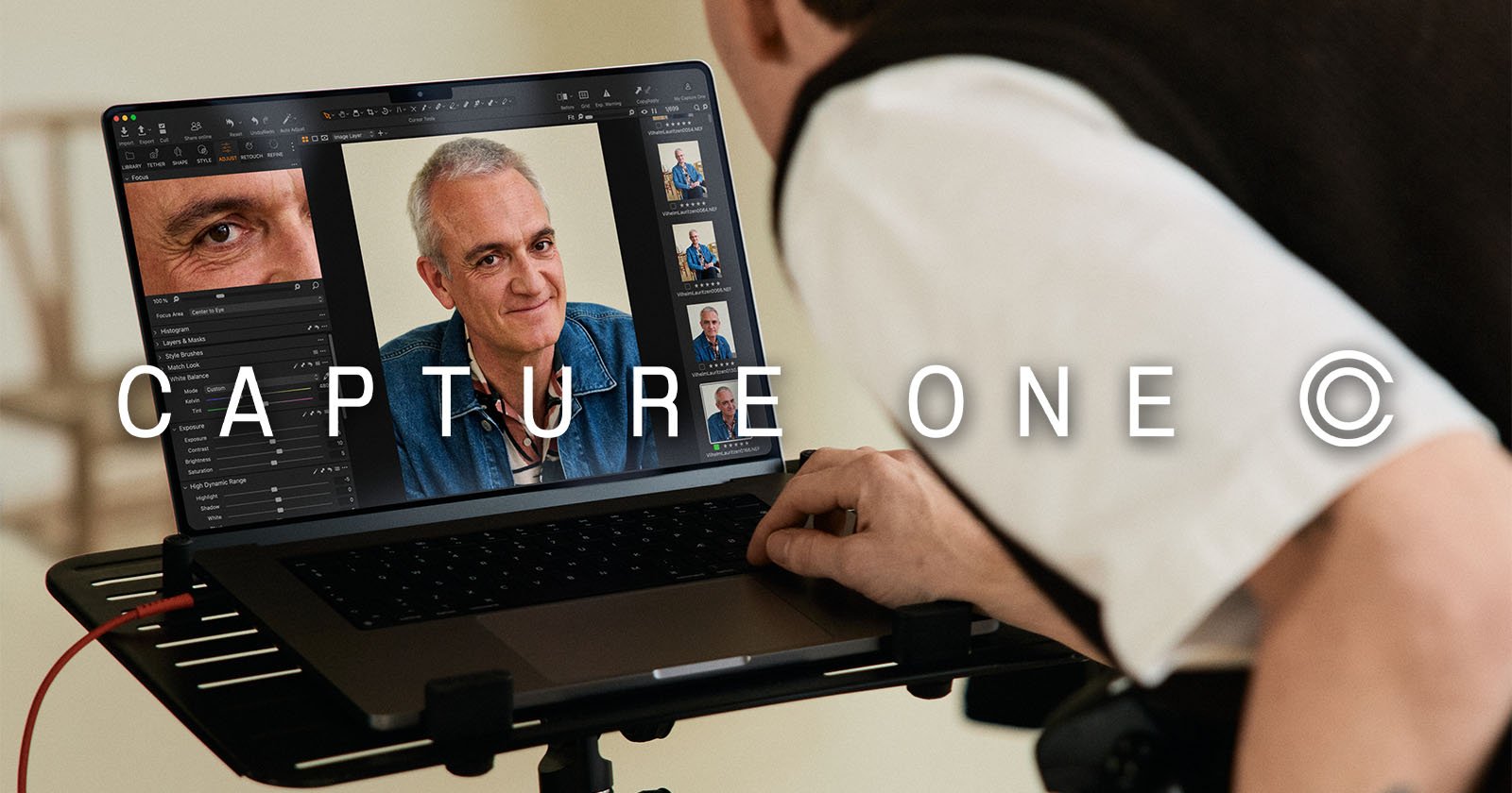 A person using a laptop displaying portrait photos of an older man in editing software, with the words CAPTURE ONE overlaid on the image.
