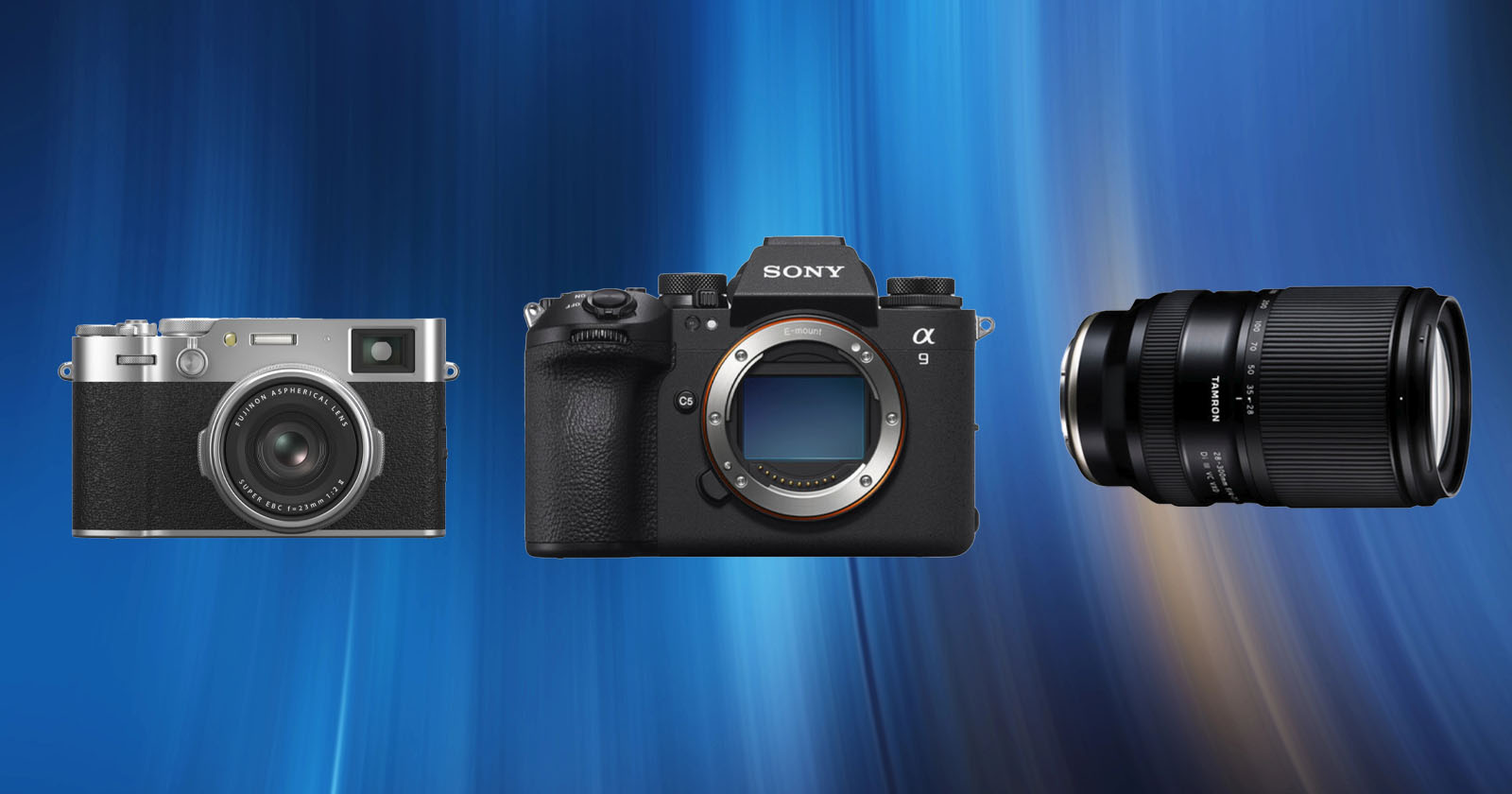 An image displaying three camera-related items on a blue gradient background: a compact silver and black digital camera (left), a black Sony mirrorless camera body (center), and a black camera lens (right).