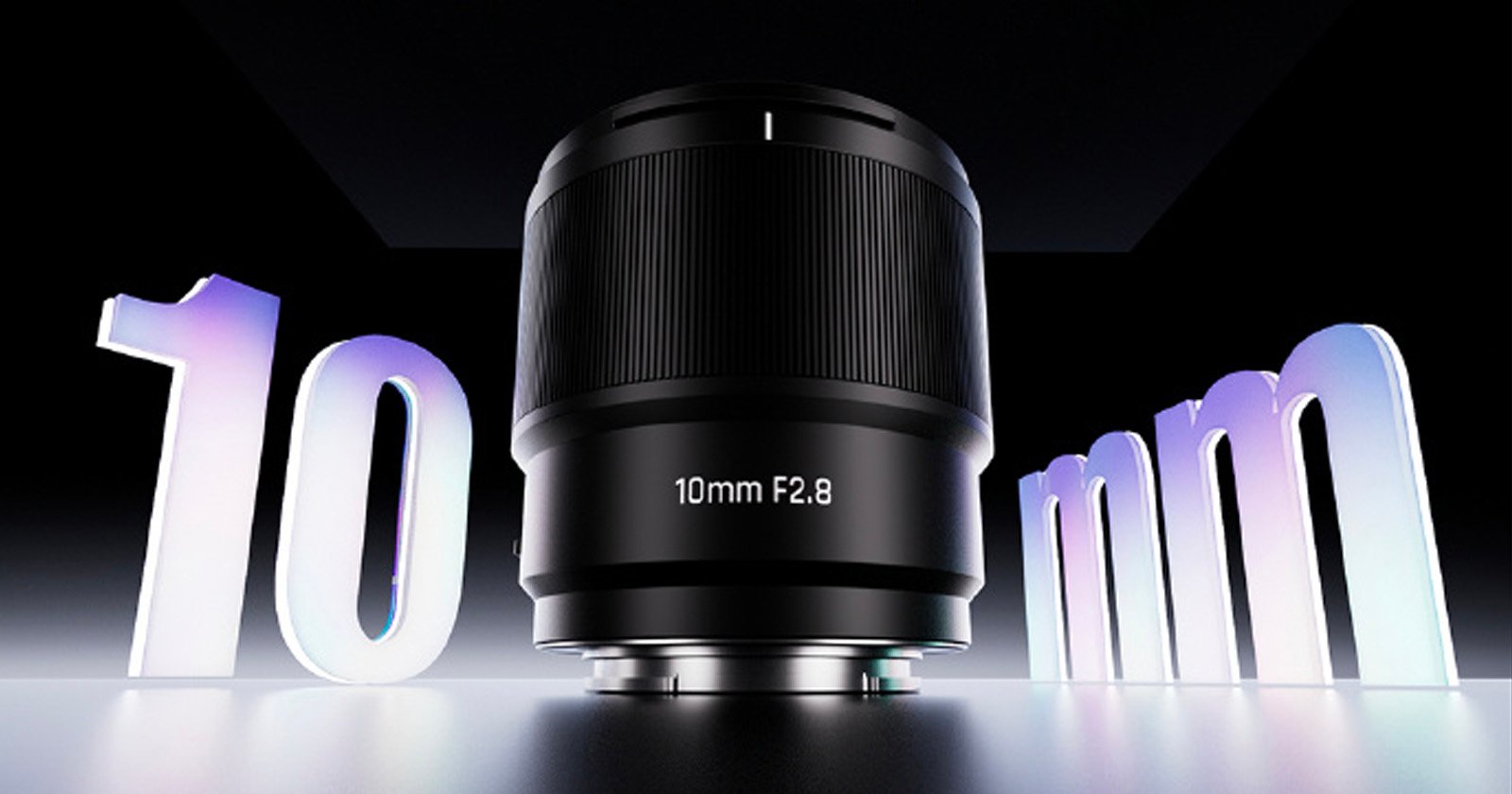 A camera lens labeled 10mm F2.8 is displayed prominently, with large, stylized 10 on the left and mm on the right, set against a dark, dramatic background.