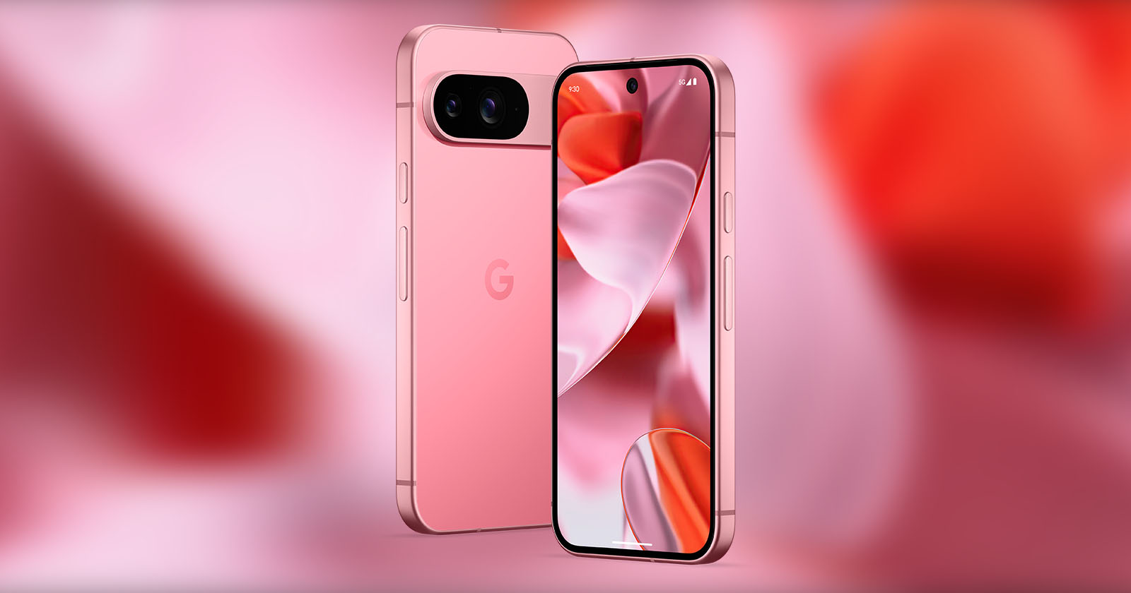A pink smartphone is displayed with both front and back views visible. The back of the phone shows a dual-camera setup and a logo in the center. The front screen displays a vibrant, abstract red and pink floral pattern. The background is blurred shades of pink and red.