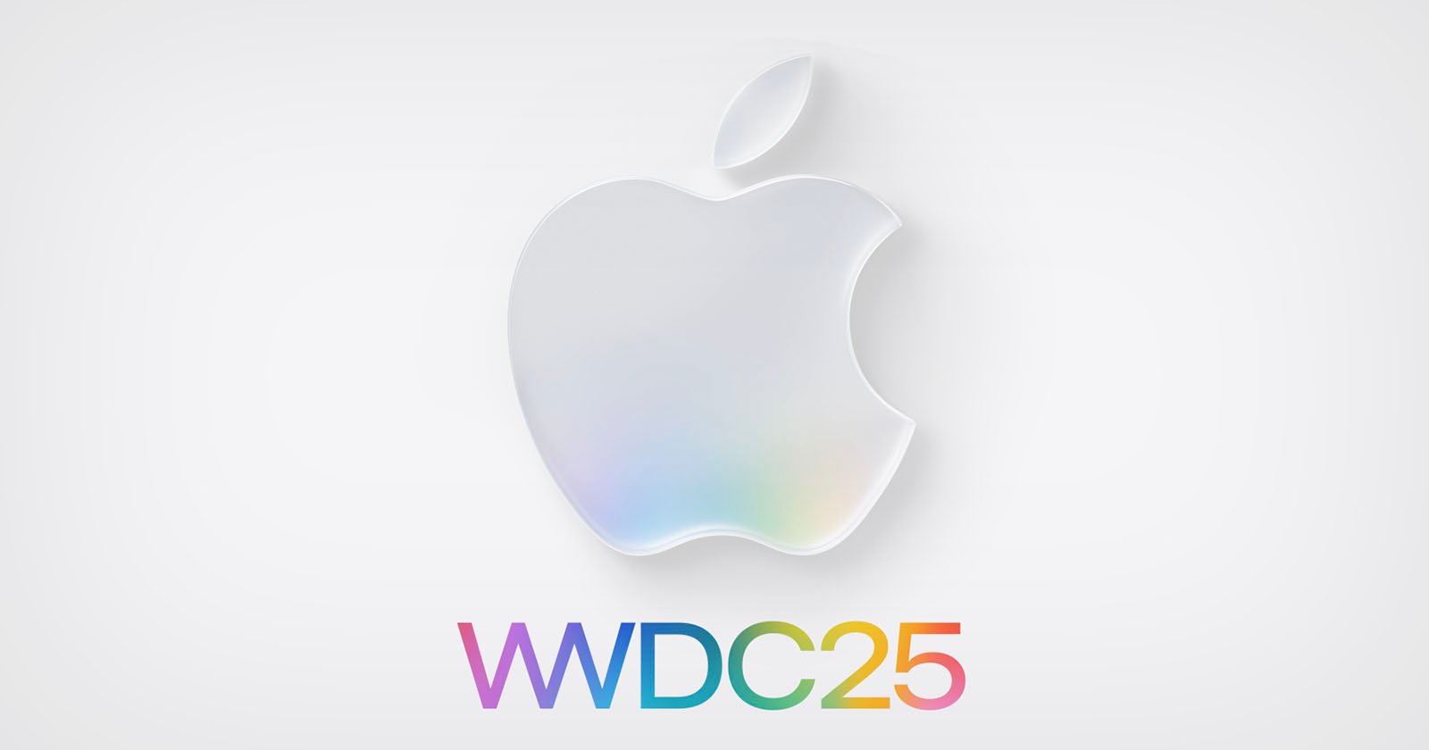 A white Apple logo with a subtle rainbow sheen appears above the text WWDC25 in a colorful gradient on a light background.
