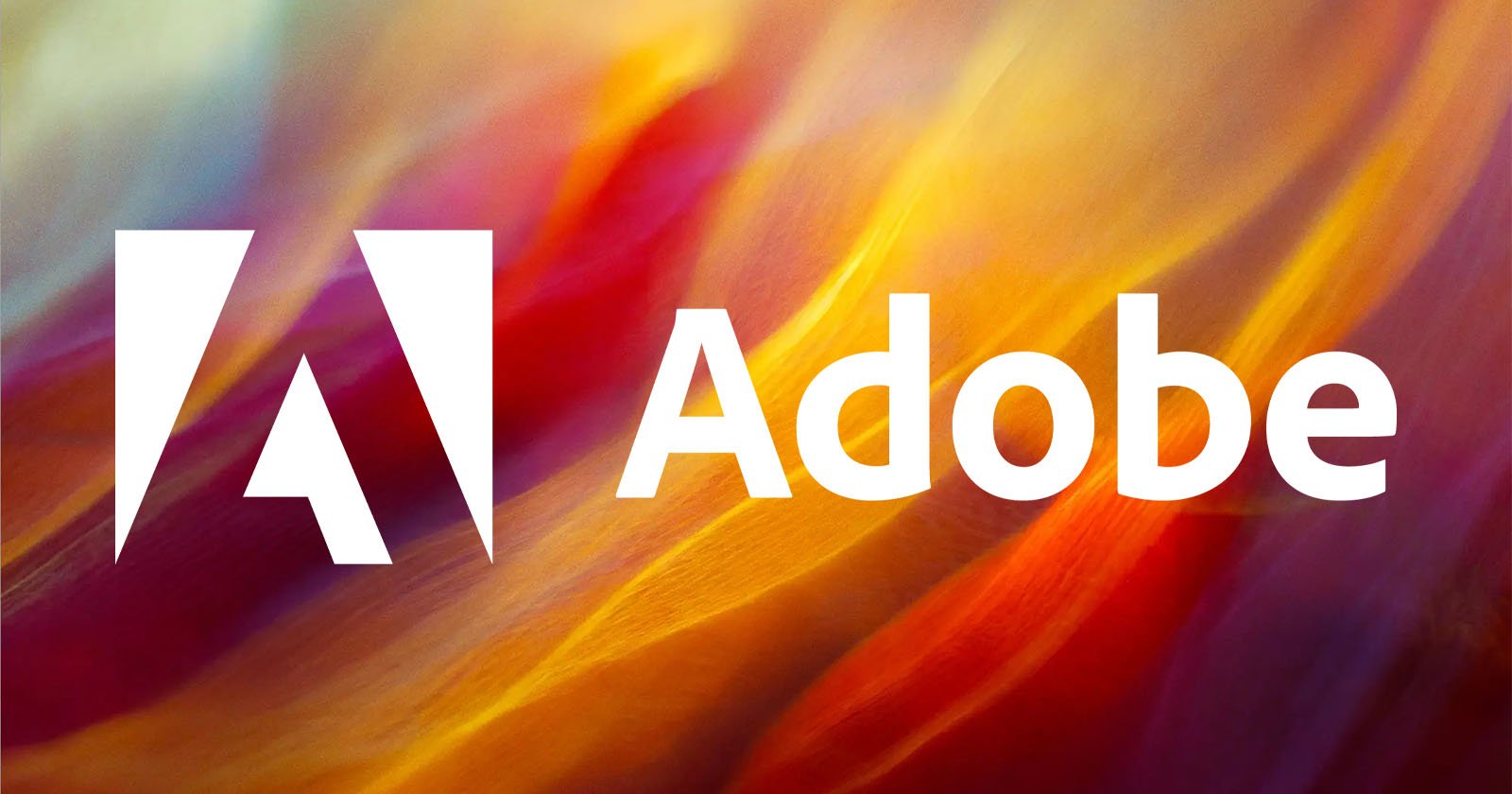 The image features the Adobe logo with Adobe written next to it in white. The background is a vibrant, multicolored abstract design with hues of red, yellow, orange, and blue.