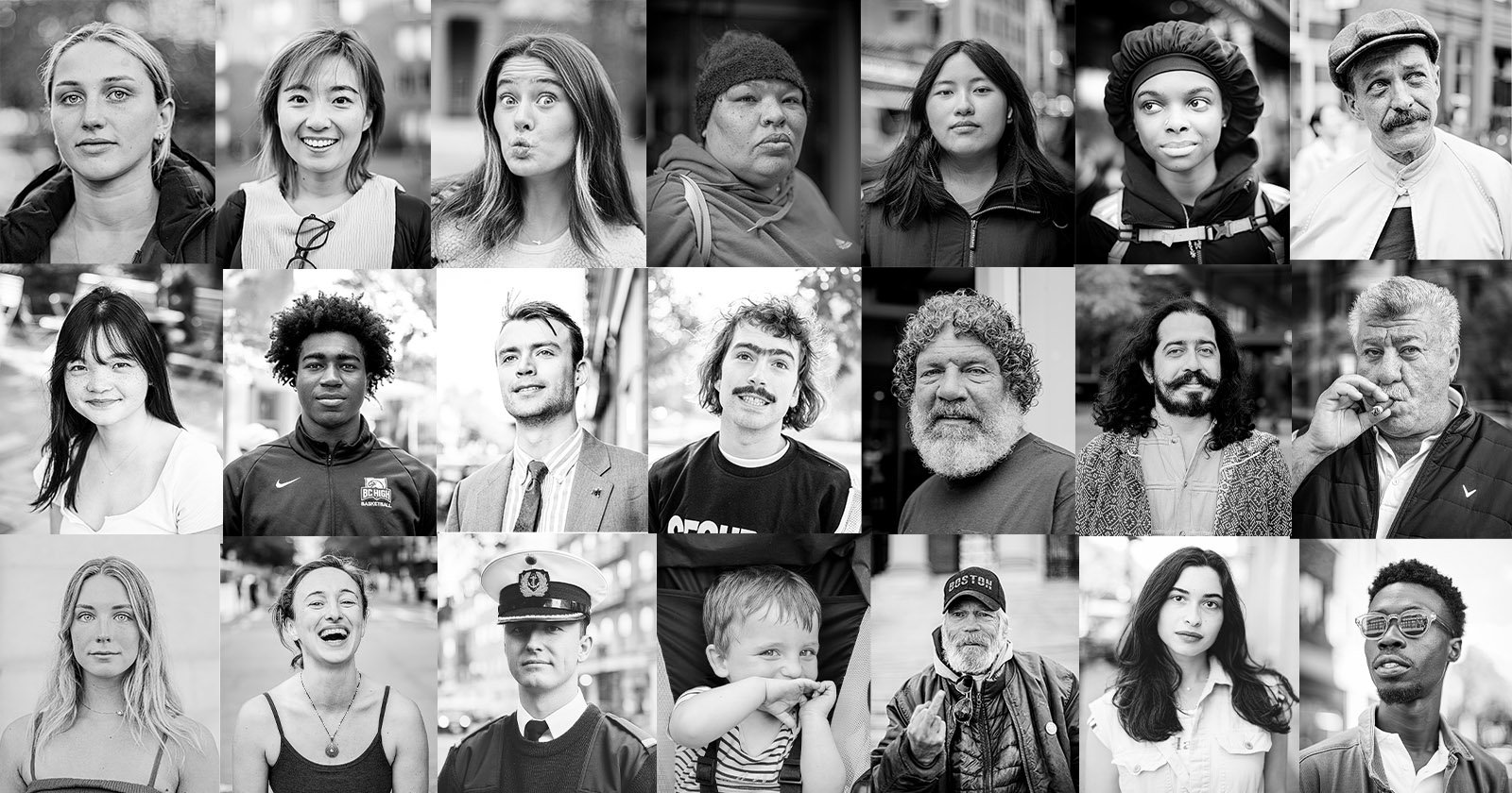 A collage of black-and-white portraits features a diverse group of 20 people of different ages and backgrounds. Each person is pictured from the shoulders up, wearing various expressions. The background in each image appears to be an urban or street setting.