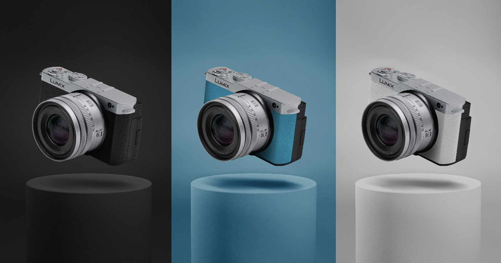 Three identical cameras with different grip colors—black, blue, and white—are each floating above matching cylindrical pedestals against black, blue, and white backgrounds.