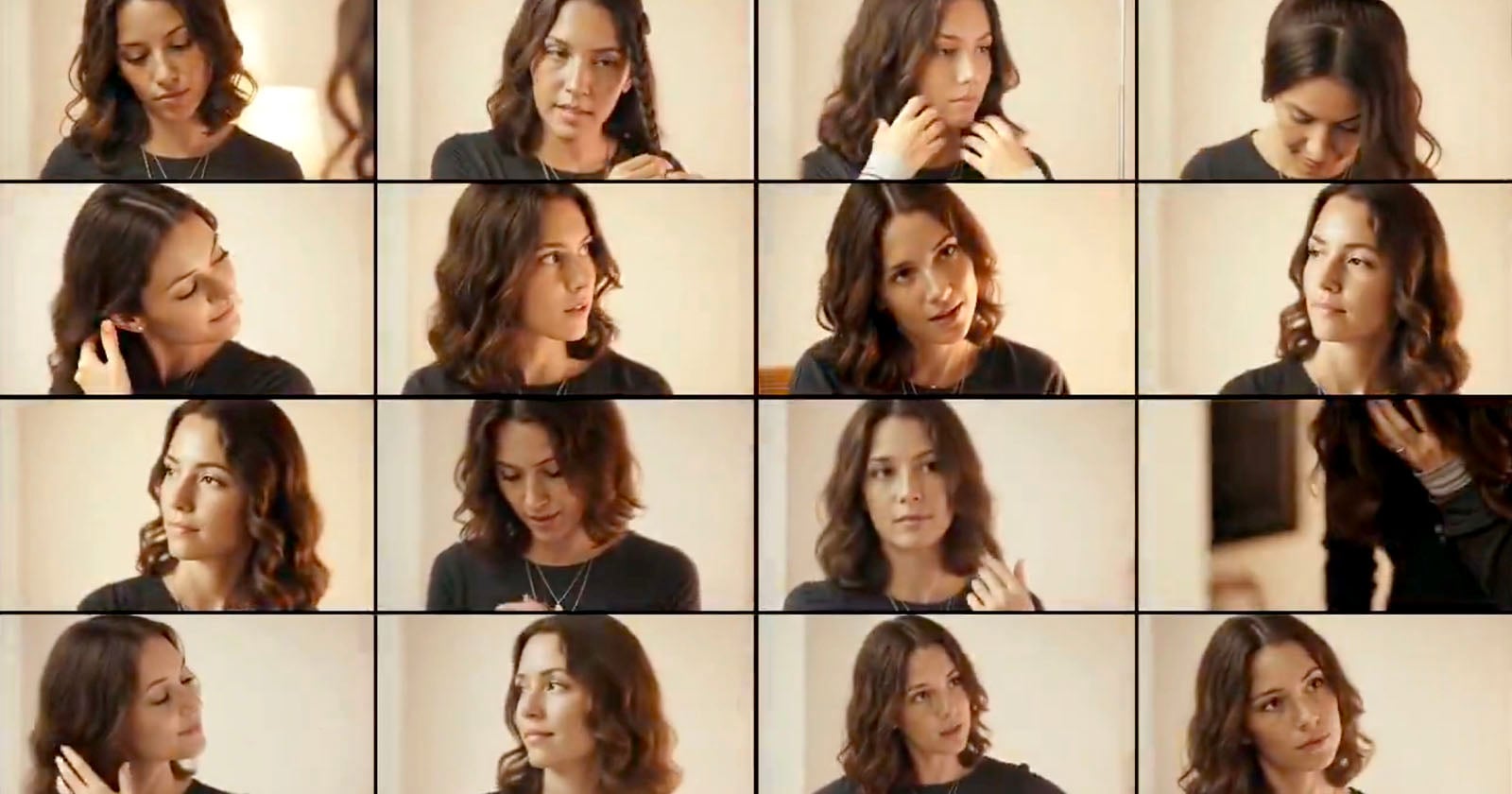 A grid of fifteen images shows a woman with shoulder-length brown hair, wearing a black top, in various poses and expressions while touching her hair and looking in different directions.
