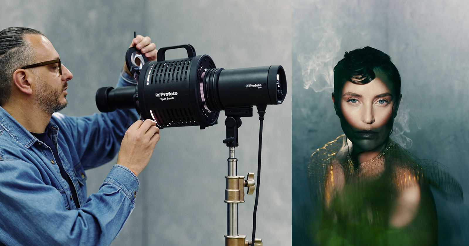 A man adjusts a large studio light on the left, while on the right, a woman with striking makeup and slicked hair poses with smoky effects and green lighting in front of her.