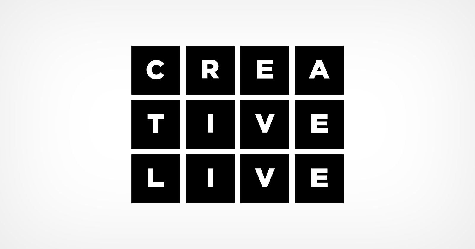 A grid of twelve black squares on a white background spells out CREATIVE LIVE in bold white letters, with one letter in each square.