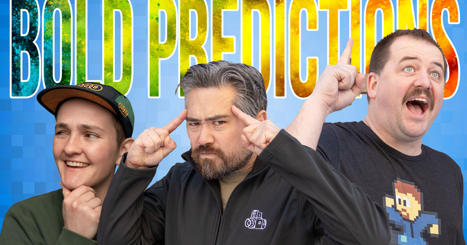 Three people are posing against a blue background with the words BOLD PREDICTIONS in colorful letters above them. One person is smiling, the second is pointing to their temples, and the third is pointing upwards with excitement.