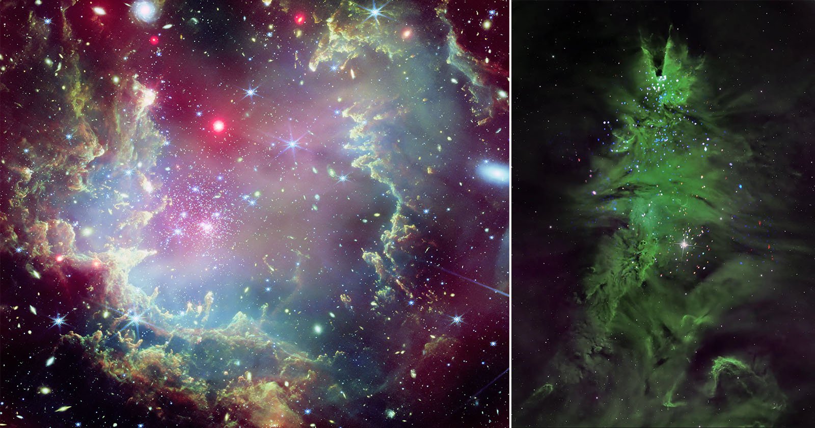 Left side: A vibrant star cluster with multicolored cosmic clouds and bright stars scattered throughout. Right side: A nebula with greenish hues, featuring a dense cluster of stars and cloudy patterns.