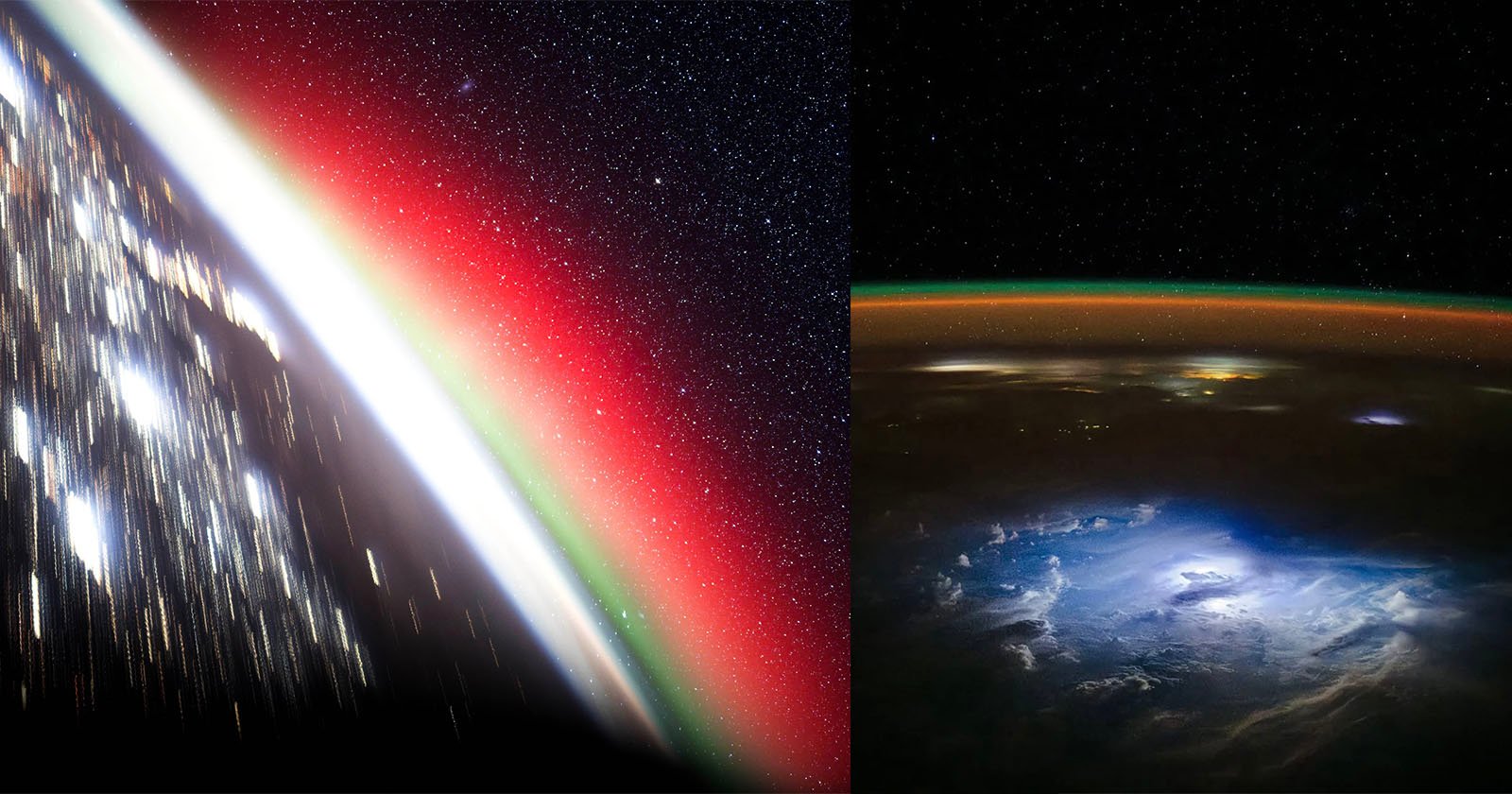 View from space showing Earth’s curved horizon with glowing red and green atmospheric layers, starry background, and city lights; on the right, colorful clouds and auroras light up the planet’s edge.