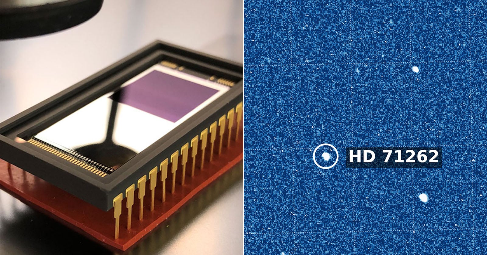 Close-up of an electronic sensor chip (left) and a star field image with a labeled star HD 71262 circled in white on a blue background (right).