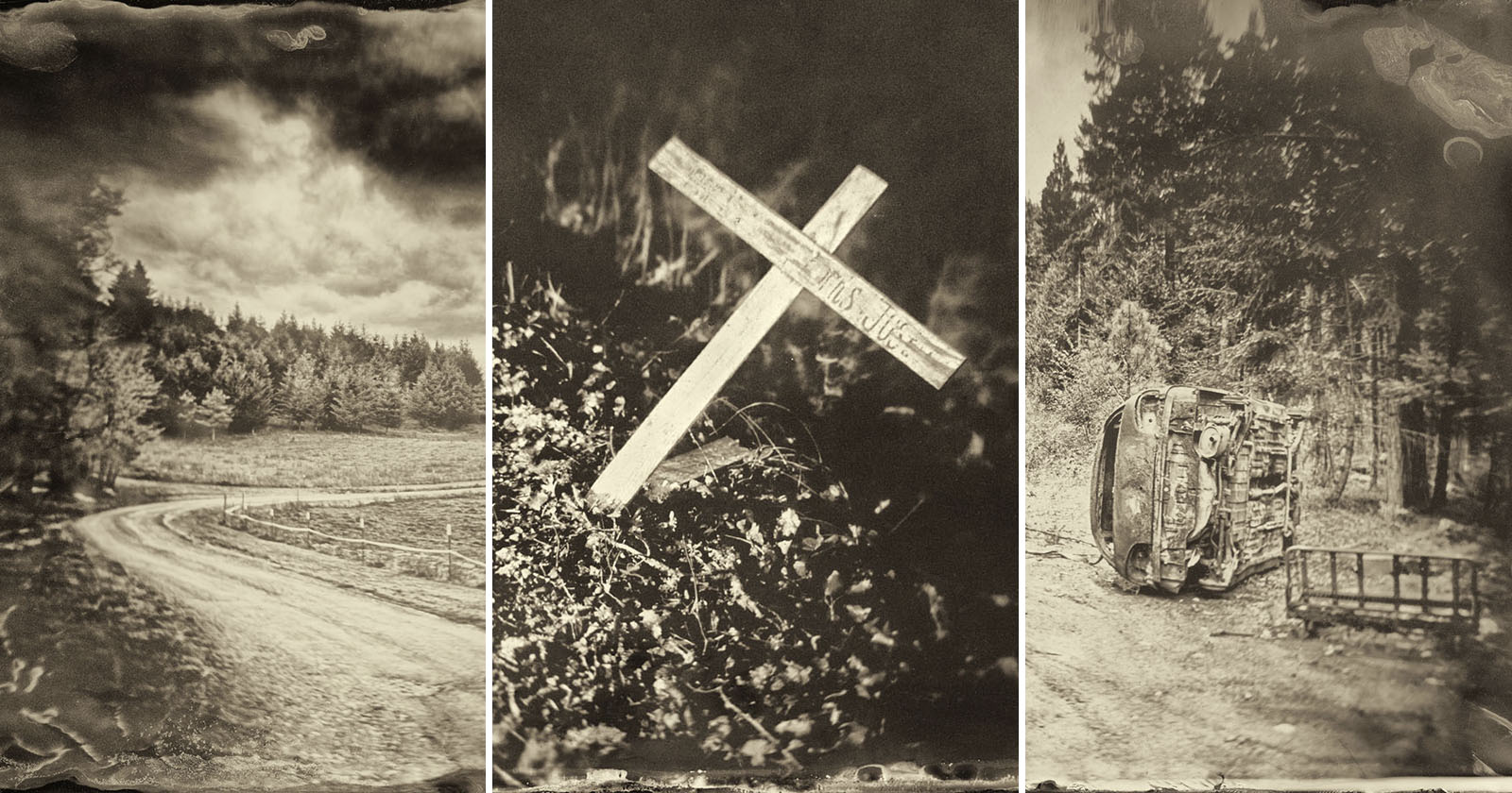 A sepia-toned triptych: a winding dirt road through a forest, a wooden cross grave marker, and an overturned car beside a trailer in a wooded area, evoking a somber, vintage atmosphere.