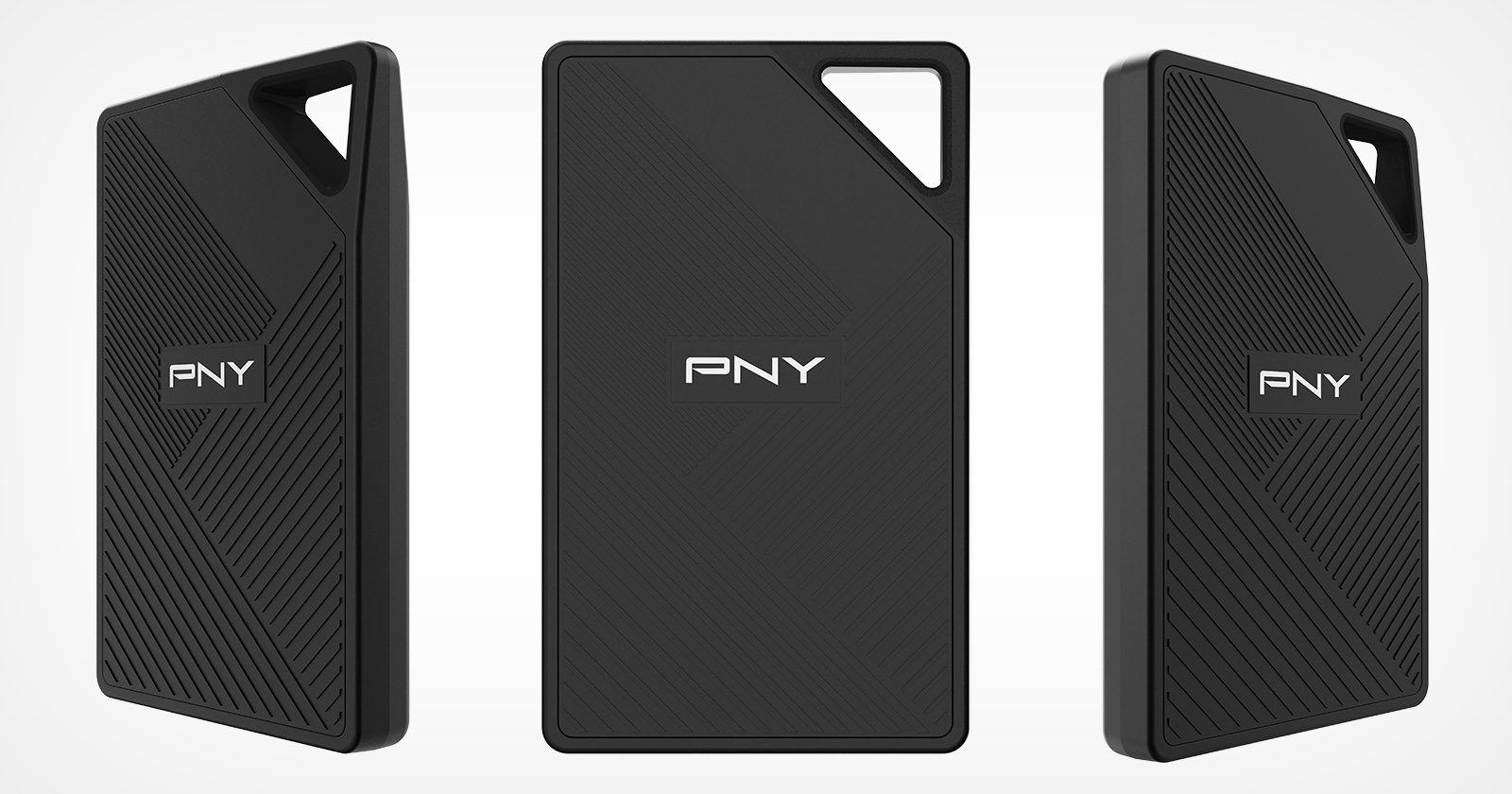 Three angles of the PNY RP60 portable SSD are placed against a white background.