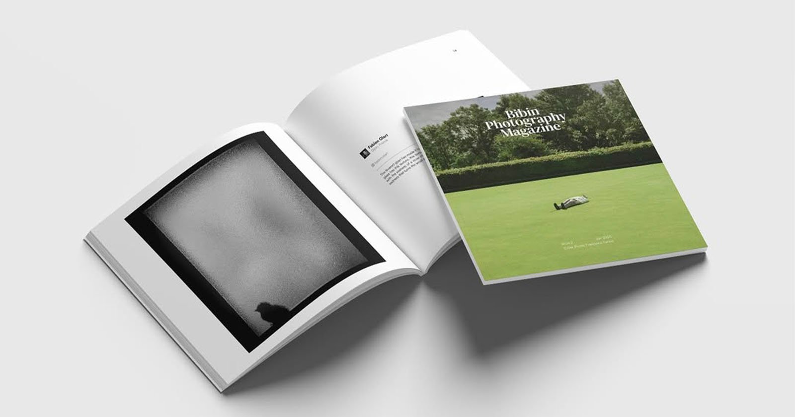Two photography magazines are displayed on a white surface. One magazine is open, showing a black-and-white abstract photo, while the other is closed, showing a green lawn with a person lying down and the title Bibi Photography Magazine.