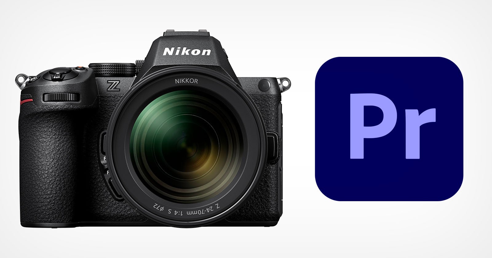 A Nikon camera with a large lens is on the left, next to the Adobe Premiere Pro logo on the right. The background is plain white.