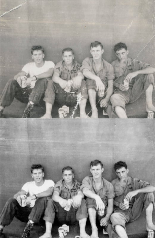 Before and after of a Vietnam War era photo restored by Jenn Cohen