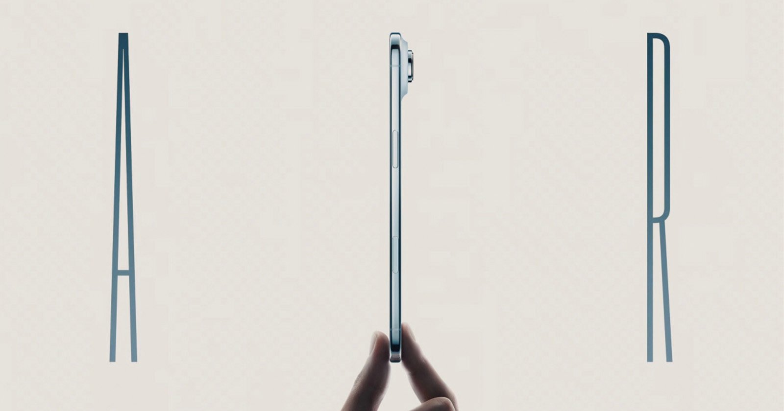 A hand holds a thin tablet upright between two large, stylized letters A and R, emphasizing the slim design with the word AIR suggested in the background.