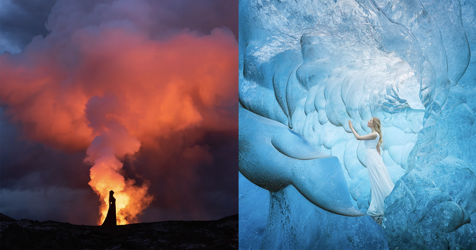 Two contrasting images side by side: Left shows a person silhouetted against a fiery volcanic eruption with orange and gray smoke. Right depicts a person in a white dress inside an icy blue cave, admiring the intricate formations.