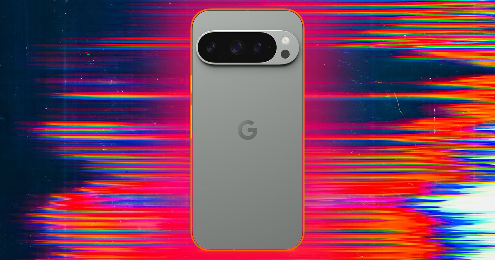 A smartphone with a sleek, greenish-grey back and a prominent Google G logo at the center. The phone has a notable camera module at the top with multiple lenses. The background features vibrant, multicolored light streaks creating a dynamic, futuristic effect.