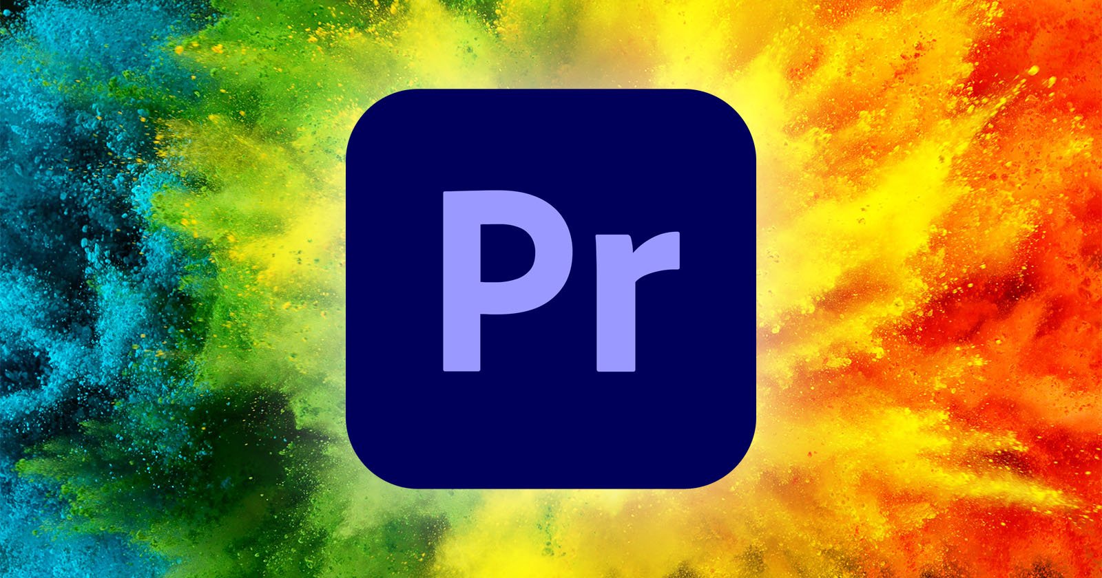 A bold purple Pr logo is centered on a dark blue square against a vibrant, colorful explosion background, featuring hues of green, yellow, blue, red, and orange blending together.