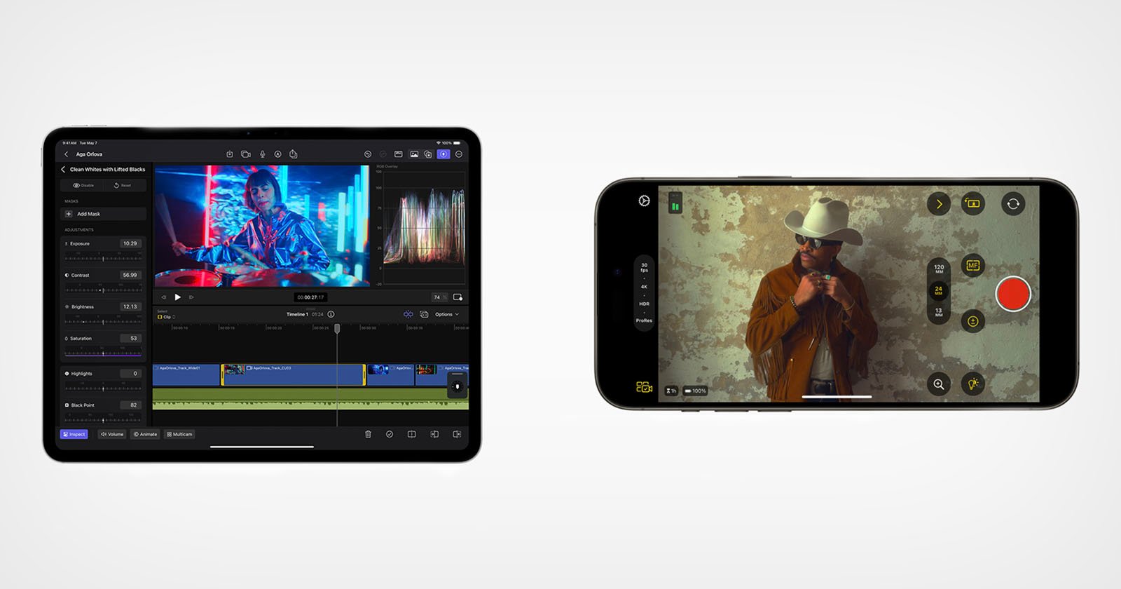 Two smartphones displaying apps: the left shows a video editing interface; the right is in camera mode capturing a man in a cowboy hat.