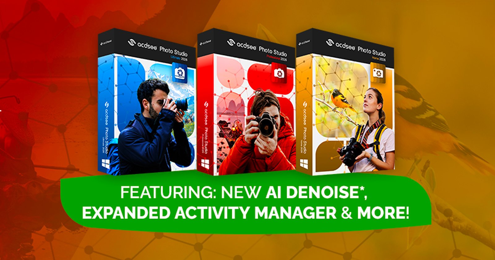 Three colorful software boxes for ACDSee Photo Studio, each with a different person holding a camera. Text overlay reads: Featuring: New AI Denoise*, Expanded Activity Manager & More! on a green banner.
