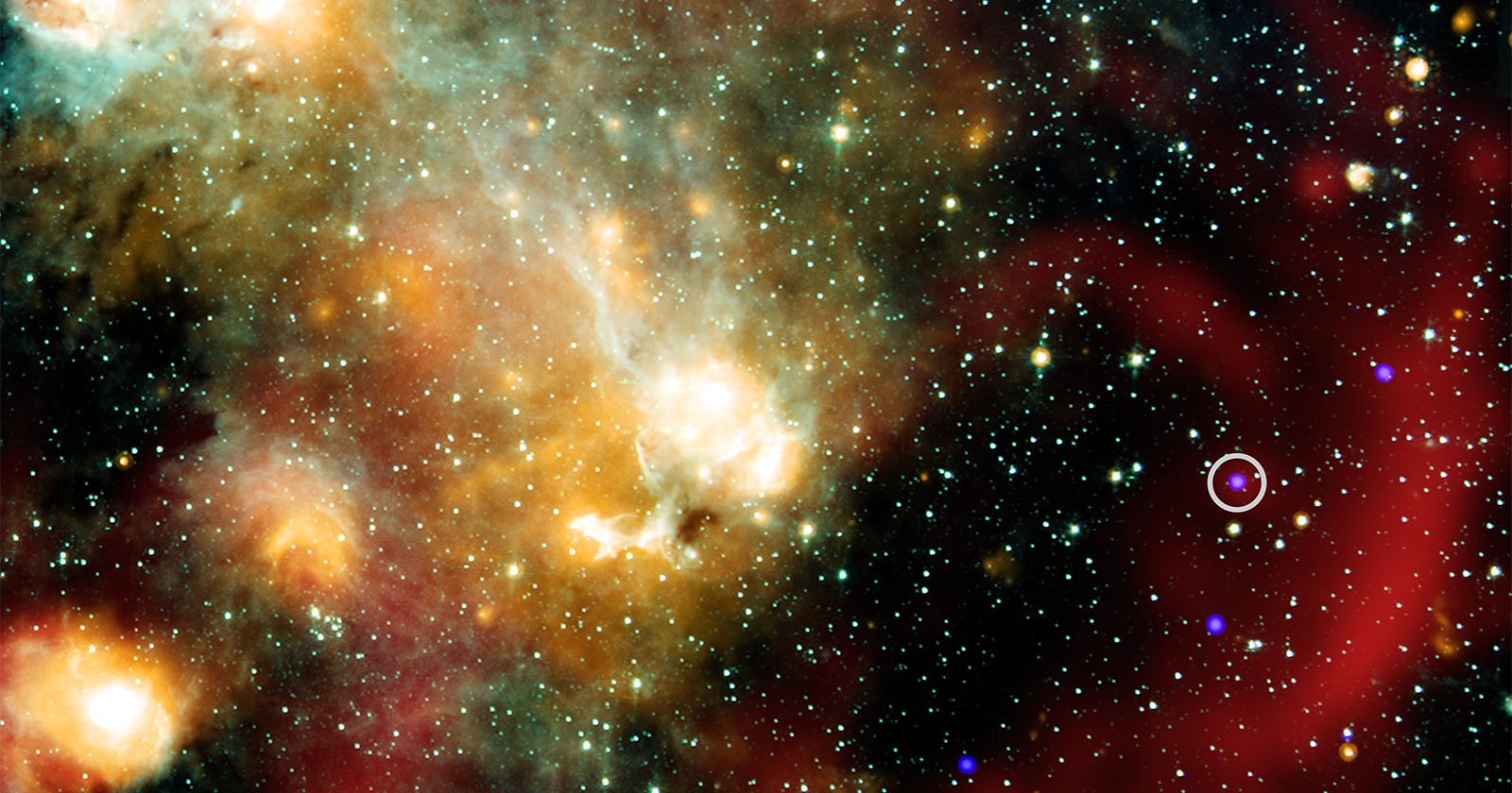 A colorful image of deep space showing bright stars, glowing gas clouds in orange and green hues, and a purple circled object among scattered stars on a dark background.