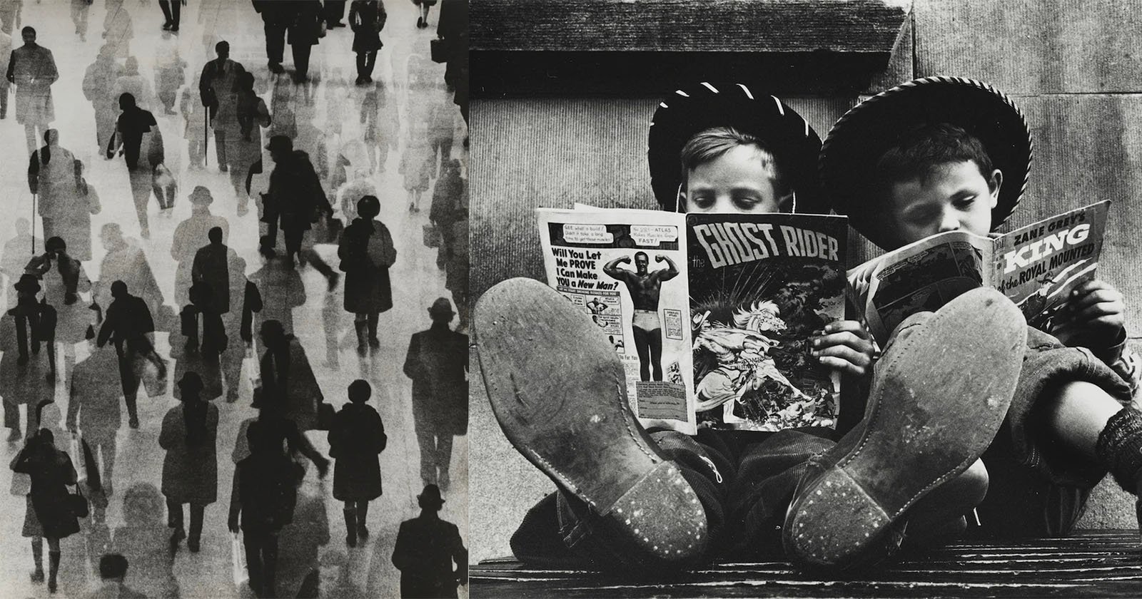 A black-and-white collage shows shadowy silhouettes of people walking on the left, and two boys in cowboy hats reading comic books with their feet up on the right.