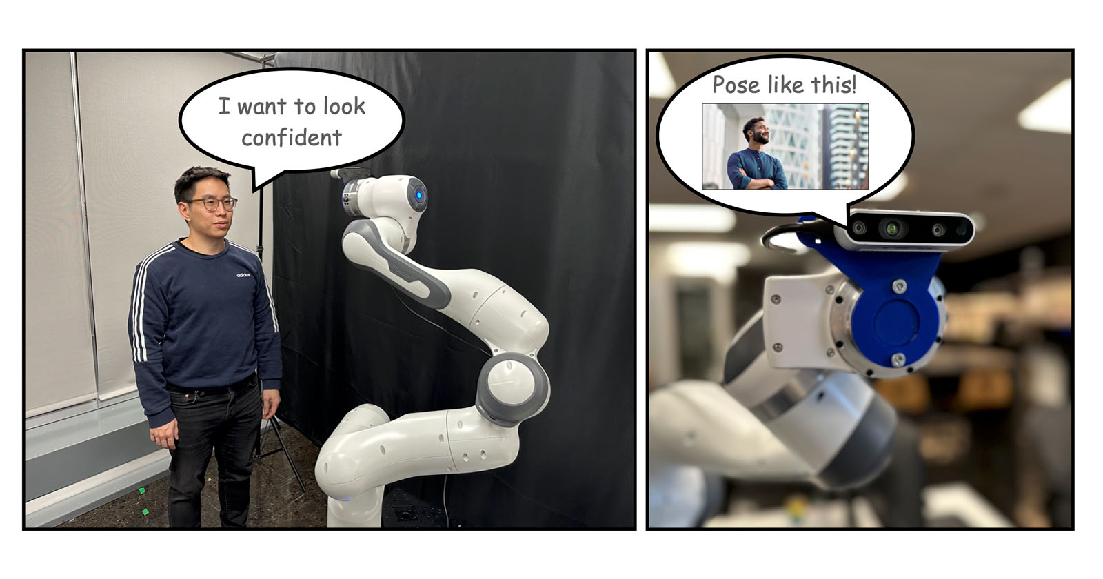 A person stands beside a robotic arm in a lab setting. The robot says, I want to look confident. In the next panel, a close-up of the robot shows it viewing an image of a person posing confidently, saying, Pose like this!.