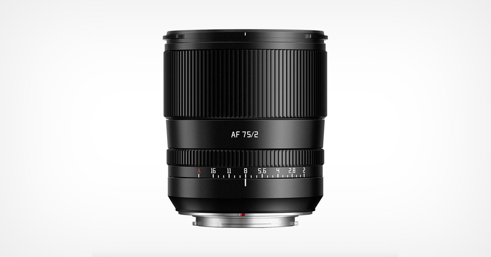 A black camera lens with “AF 75/2” printed on it, featuring a focus ring and an aperture ring with marked f-stops, shown against a plain white background.
