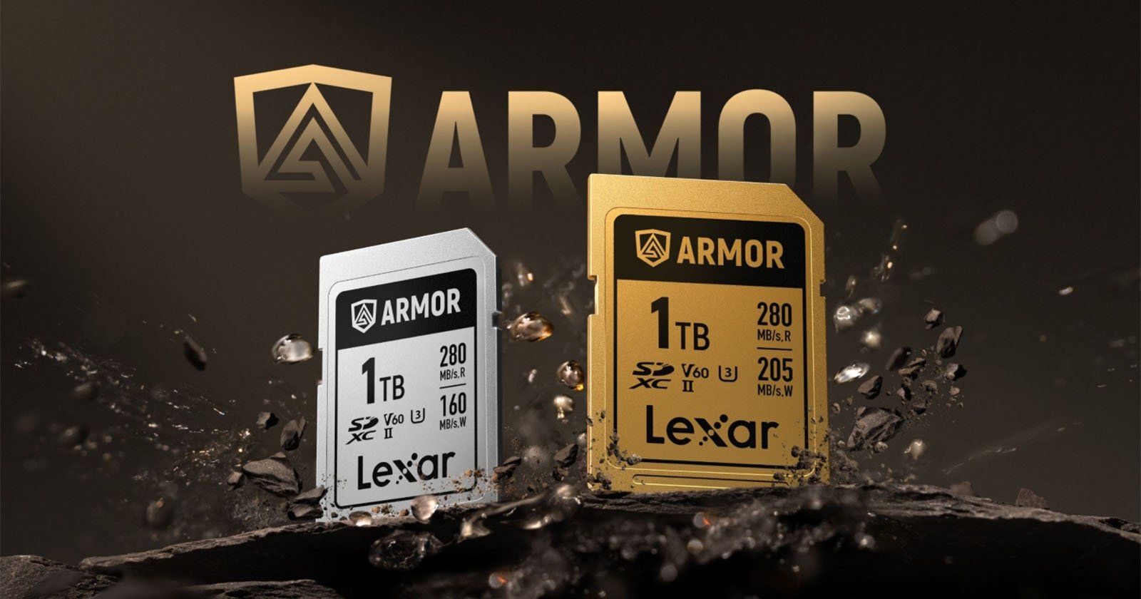 Two Lexar ARMOR series memory cards displayed, one silver and one gold, both with 1TB capacity. Each card shows read/write speeds, surrounded by debris on a dark background with the ARMOR logo prominently above.