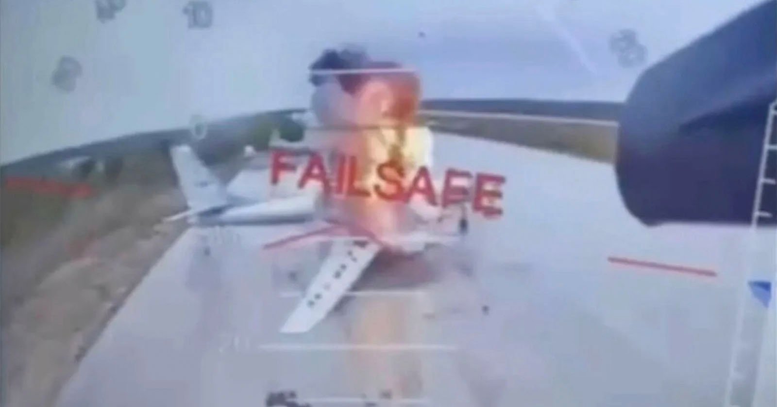 A plane on a runway is engulfed in flames and smoke, viewed through a cockpit display with the red warning text FAILSAFE superimposed over the scene.