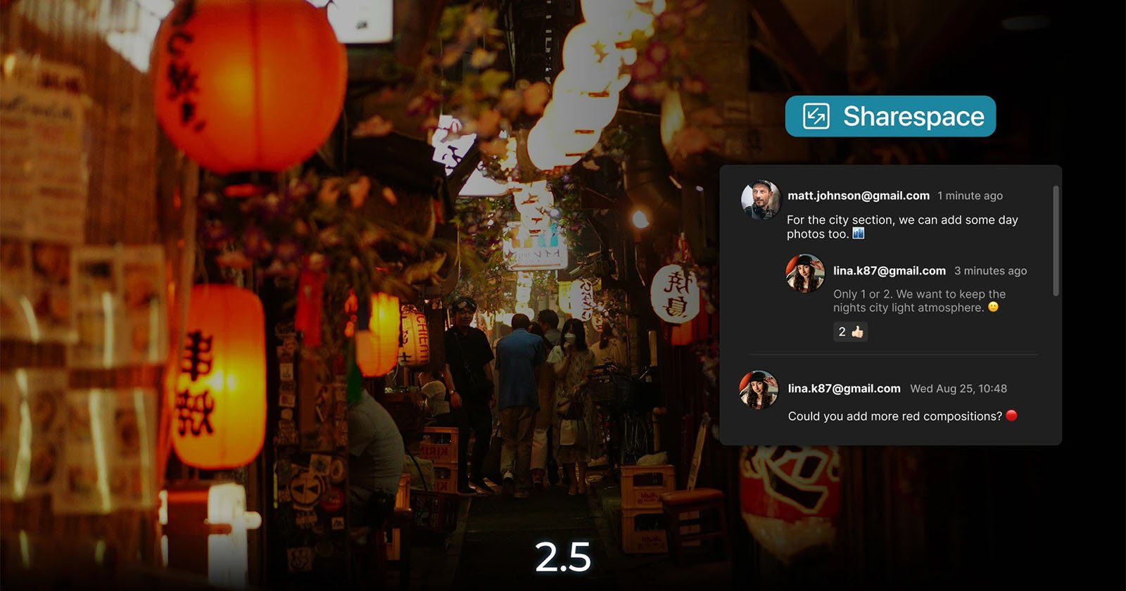 A lively, lantern-lit street in Japan at night with people walking. Overlayed is a chat window titled Sharespace, showing a conversation about photo compositions and nighttime photos. The number 2.5 appears at the bottom.