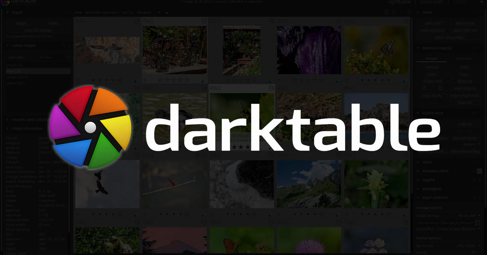 A vibrant logo of a colorful camera shutter is paired with the text darktable in white. The background features a faint grid of nature photos.