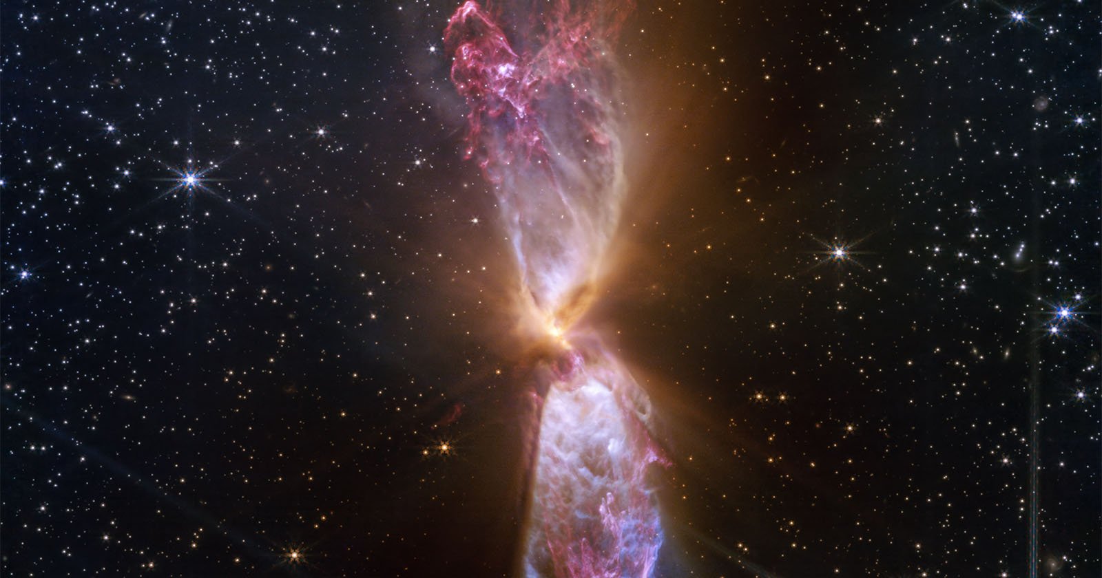 A celestial scene featuring glowing, symmetrical nebulae in vibrant pink and orange hues, set against a backdrop of countless stars in a vast, dark universe. The nebulae create an elongated shape resembling a butterfly or hourglass.
