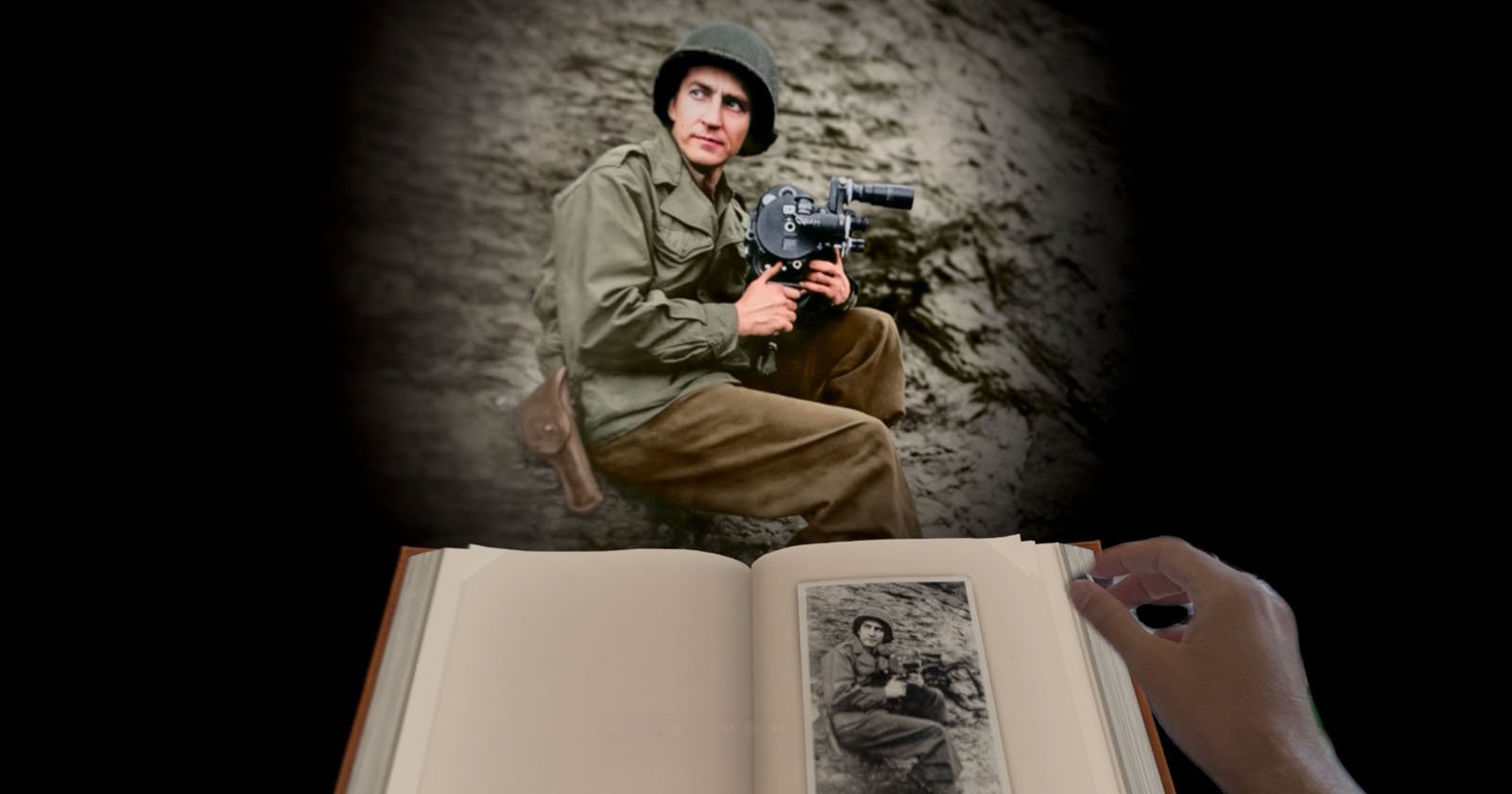 A person in military attire holding a camera is superimposed above an open book, which shows the same image in black and white. A hand is turning a page of the book.