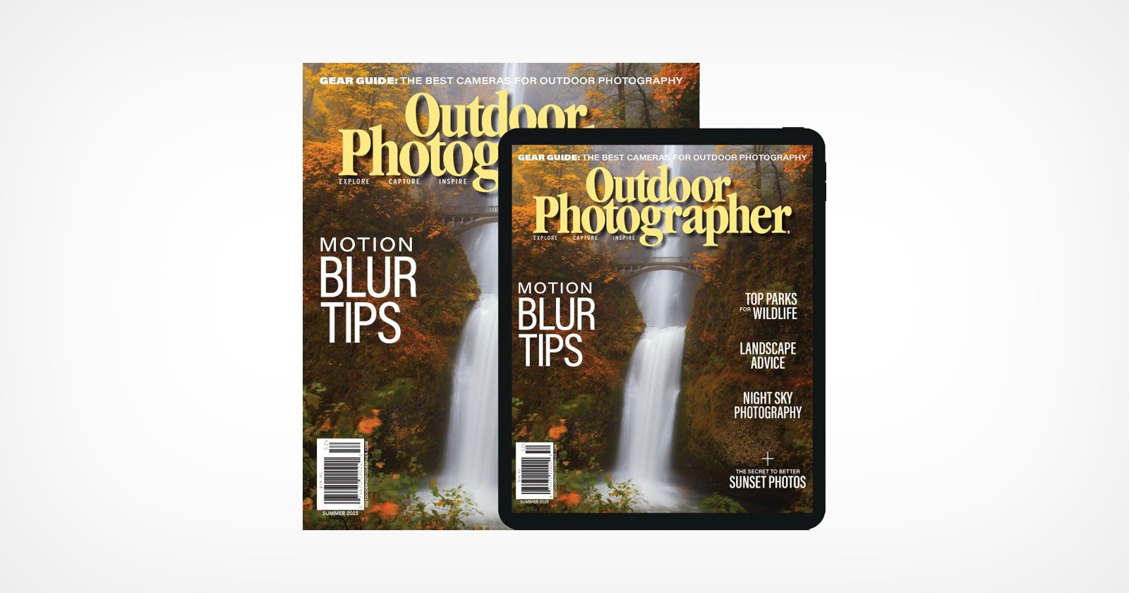 The image shows the cover of Outdoor Photographer magazine featuring a waterfall in a forest during autumn, with text highlighting motion blur tips, gear guide, top parks, landscape advice, night sky photography, and sunset photos.