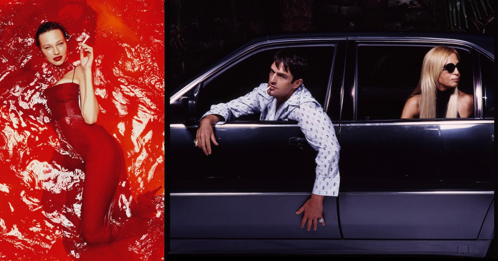 A woman in a red dress lies in a pool of red liquid on the left; on the right, a man leans out of a car window smoking, while a woman with long blonde hair and sunglasses sits in the passenger seat.