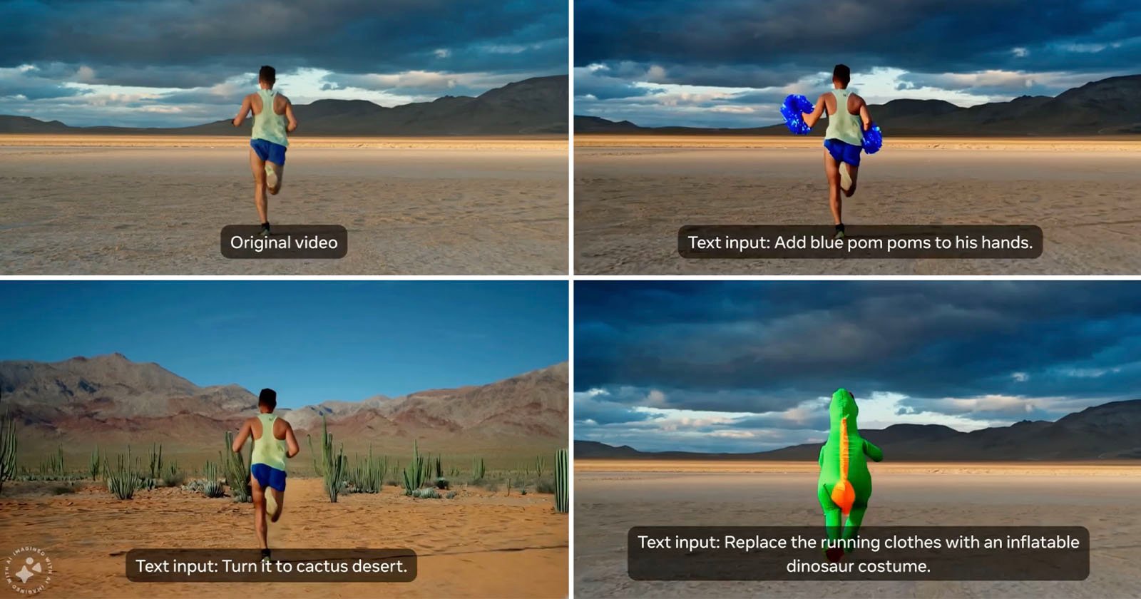 Four images depict a person running across a barren landscape. Modifications include adding blue pom-poms to their hands, changing the terrain to a desert, and replacing their running clothes with an inflatable dinosaur costume.