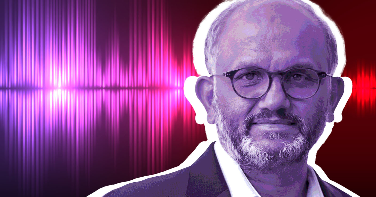 Shantanu Narayan with glasses and a beard, wearing a suit jacket, is shown against a vibrant background of pink and red soundwaves. The image has a purple tint and a white outline around the person, giving a graphic design effect.