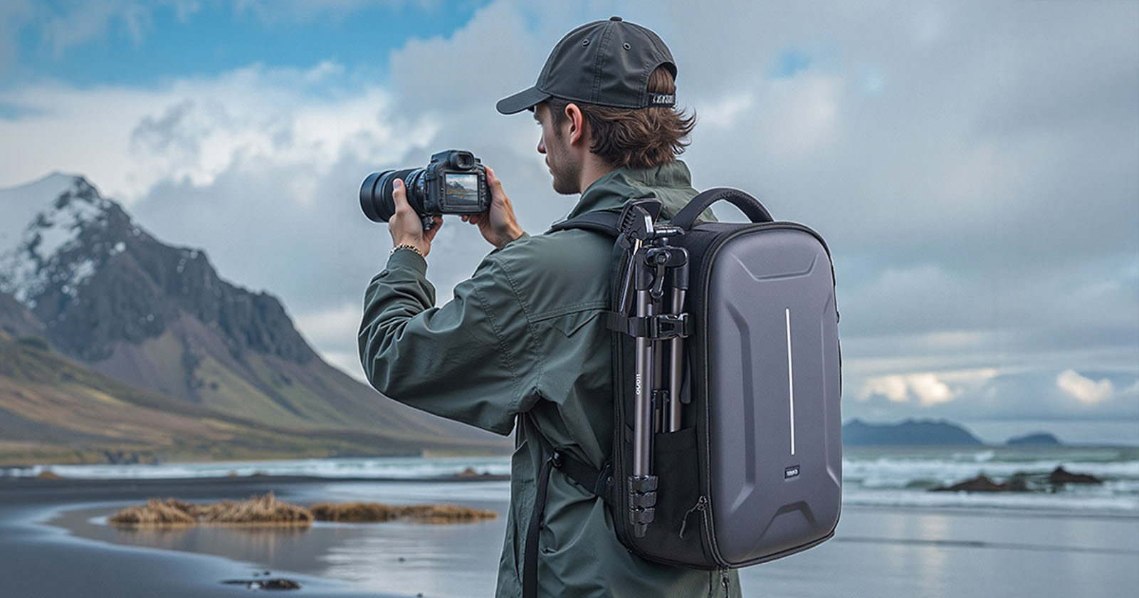 A person wearing a cap and jacket stands on a beach with mountains in the background, holding a camera and wearing a large backpack with a tripod attached, preparing to take a photograph.