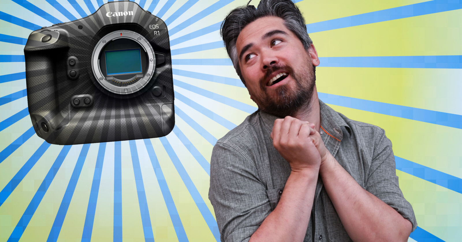 A man with a gray shirt appears excited and admiring, clasping his hands and looking up towards a Canon EOS R1 camera with a sunburst background. The background features blue and yellow radiating lines, emphasizing his enthusiastic expression.