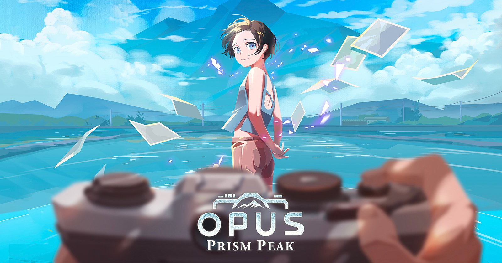Anime-style illustration of a smiling person standing on water with floating photos around them. A hand holds a camera in the foreground. Blue sky, clouds, and mountains are in the background. Text reads OPUS Prism Peak.